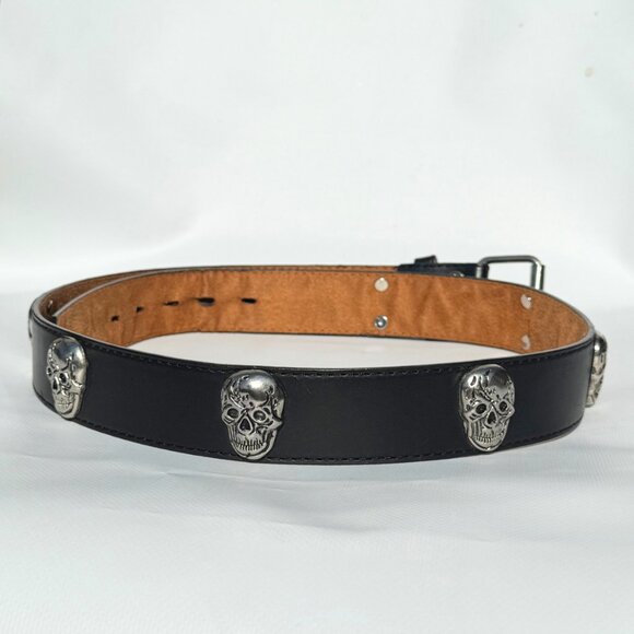 Black Leather Belt w/ Chrome Skull Head Conchos – Size L - Picture 5 of 8